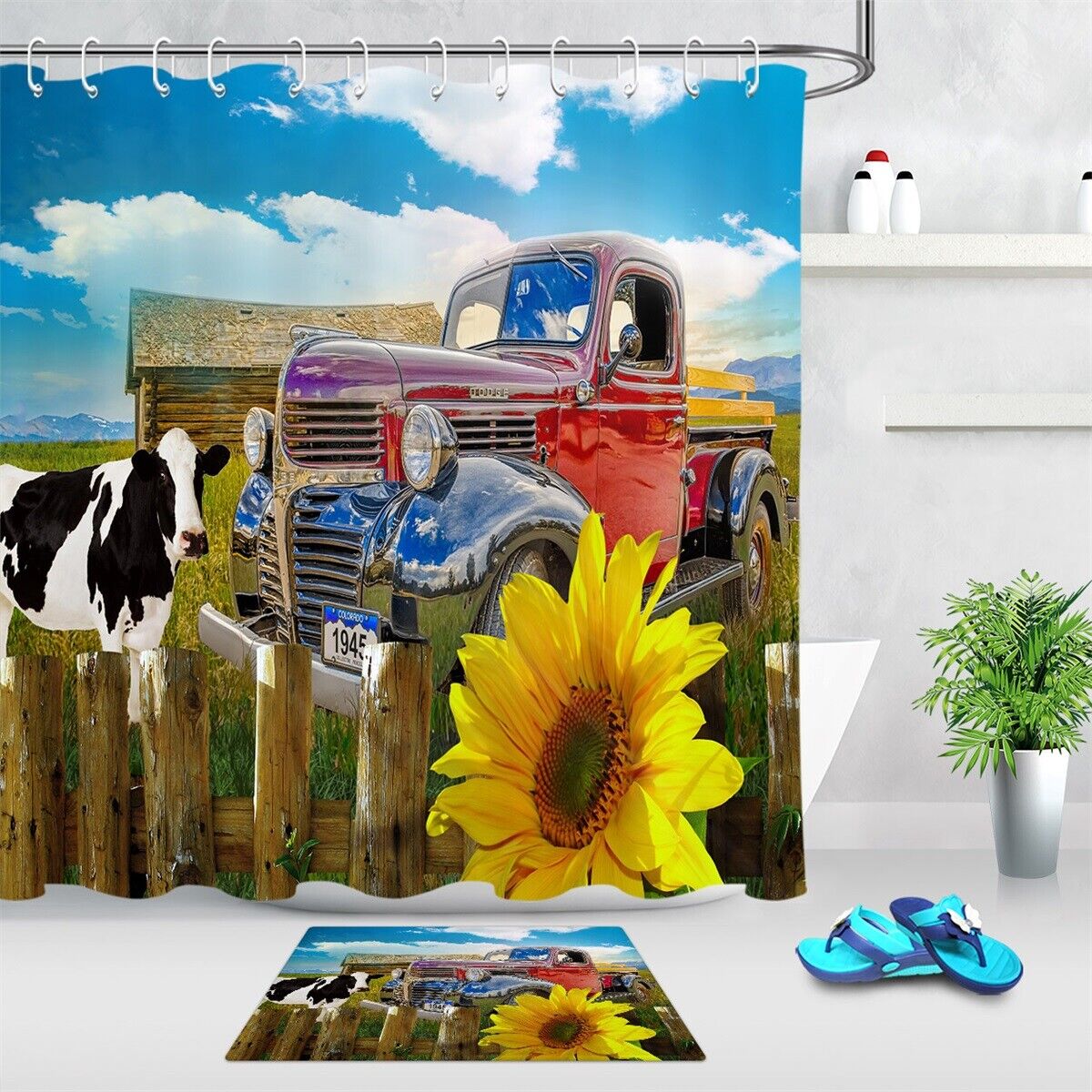 Rustic Sunflower Farmhouse Shower Curtain with Wood Fence and Cow for Bathroom Decor