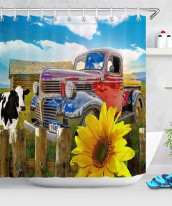 Rustic Sunflower Farmhouse Shower Curtain with Wood Fence and Cow for Bathroom Decor