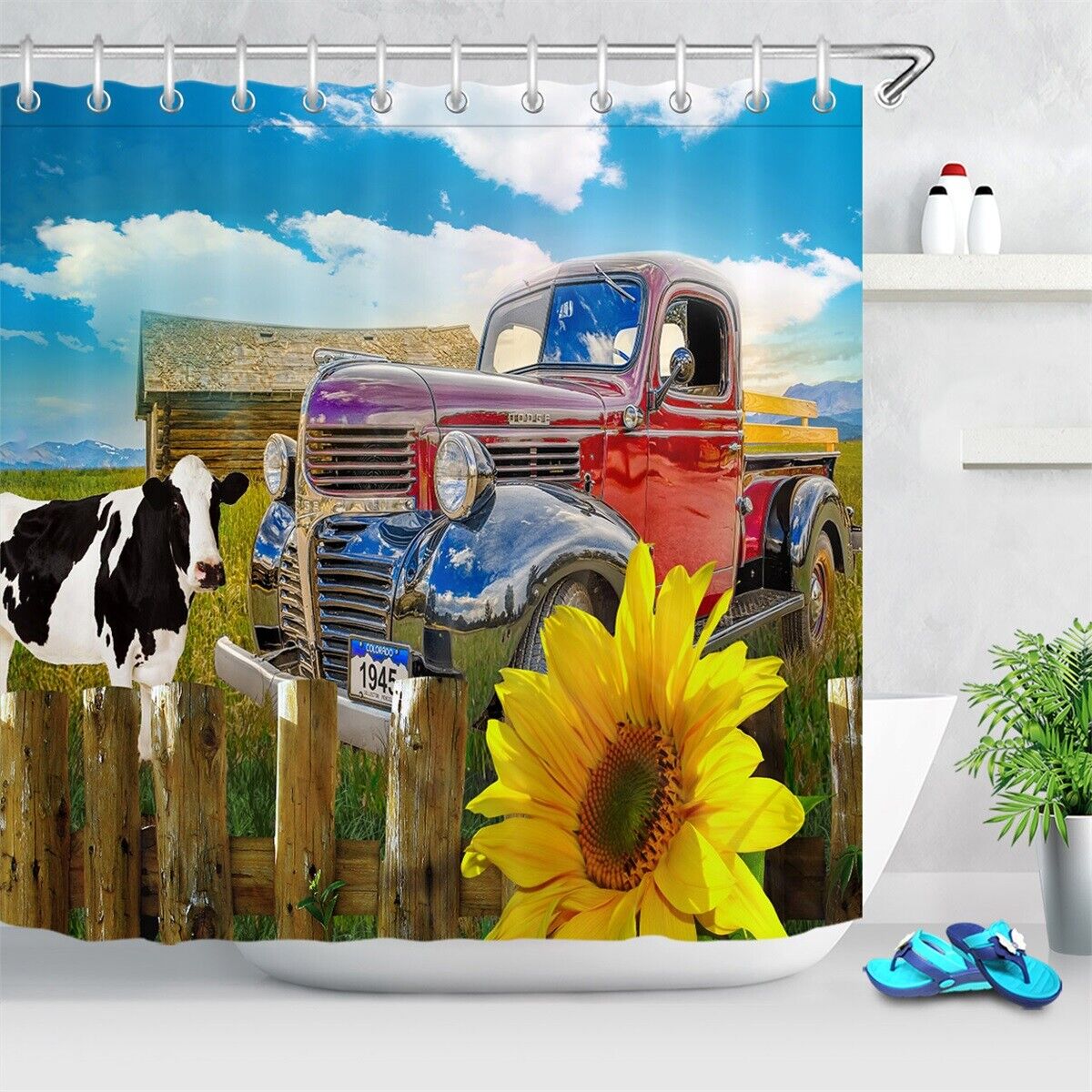 Rustic Sunflower Farmhouse Shower Curtain with Wood Fence and Cow for Bathroom Decor