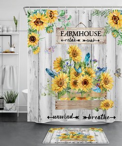 Rustic Sunflower Farmhouse Waterproof Shower Curtain Bathroom Accessories