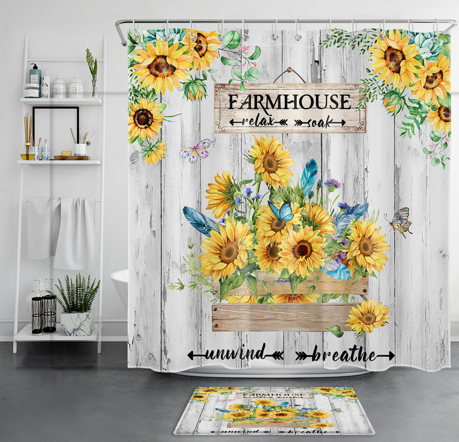 Rustic Sunflower Farmhouse Waterproof Shower Curtain Bathroom Accessories