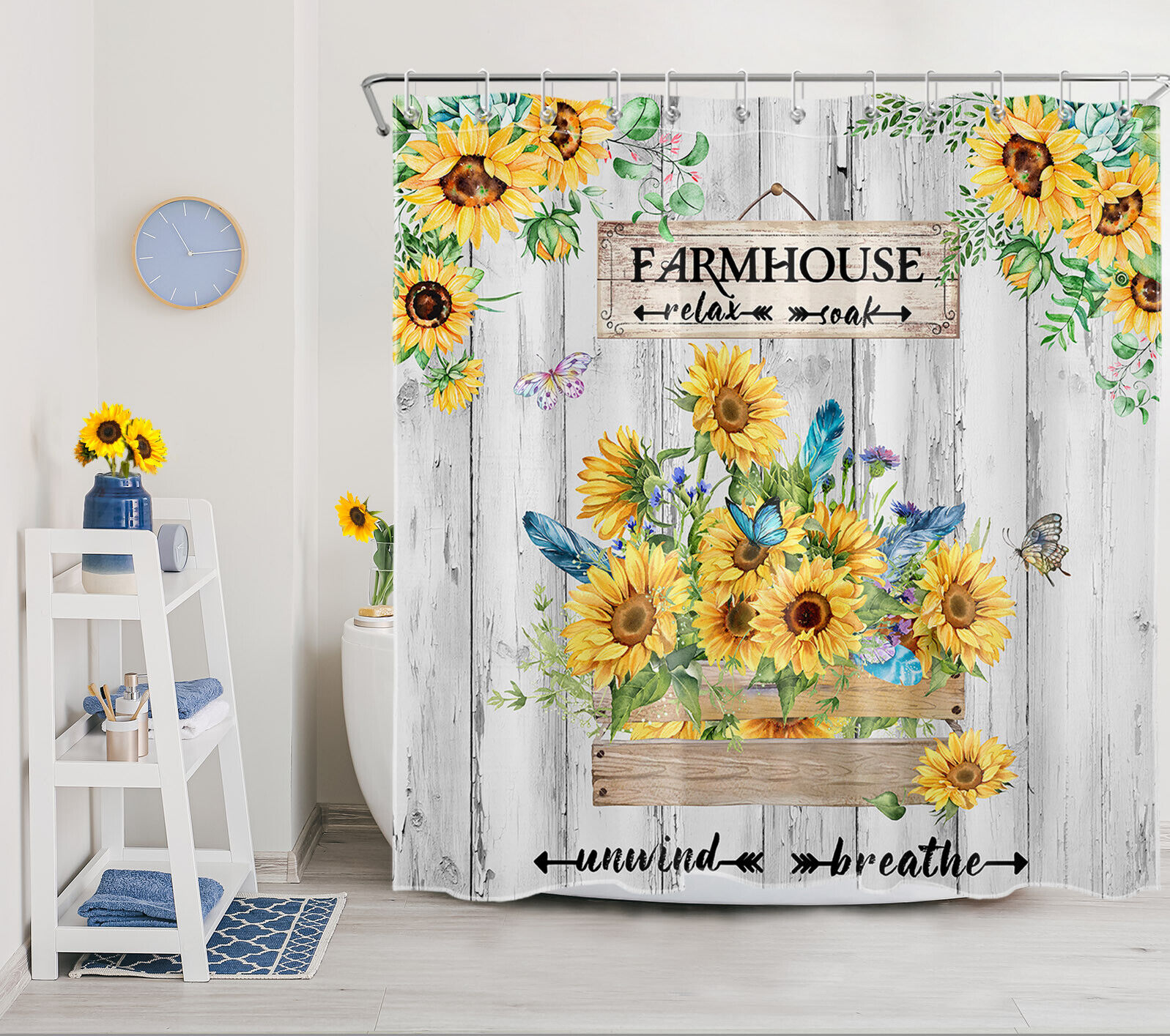 Rustic Sunflower Farmhouse Waterproof Shower Curtain Bathroom Accessories