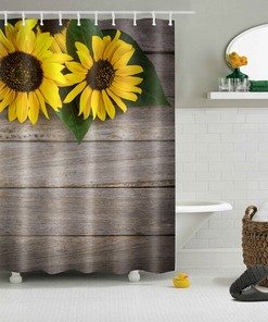 Rustic Sunflower Flowers on Wood Planks Shower Curtain for A Charming Farmhouse Bathroom Look