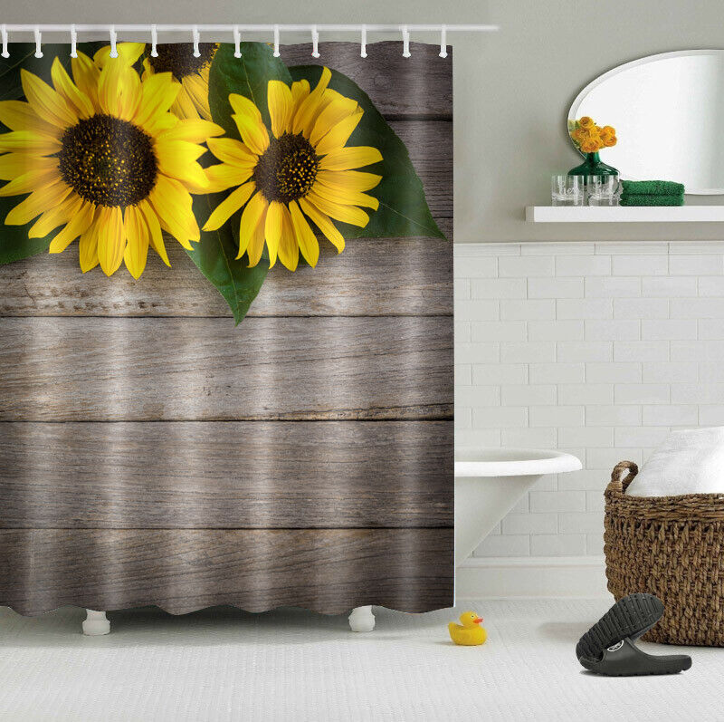 Rustic Sunflower Flowers on Wood Planks Shower Curtain for A Charming Farmhouse Bathroom Look