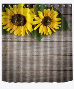 Rustic Sunflower Flowers on Wood Planks Shower Curtain for A Charming Farmhouse Bathroom Look