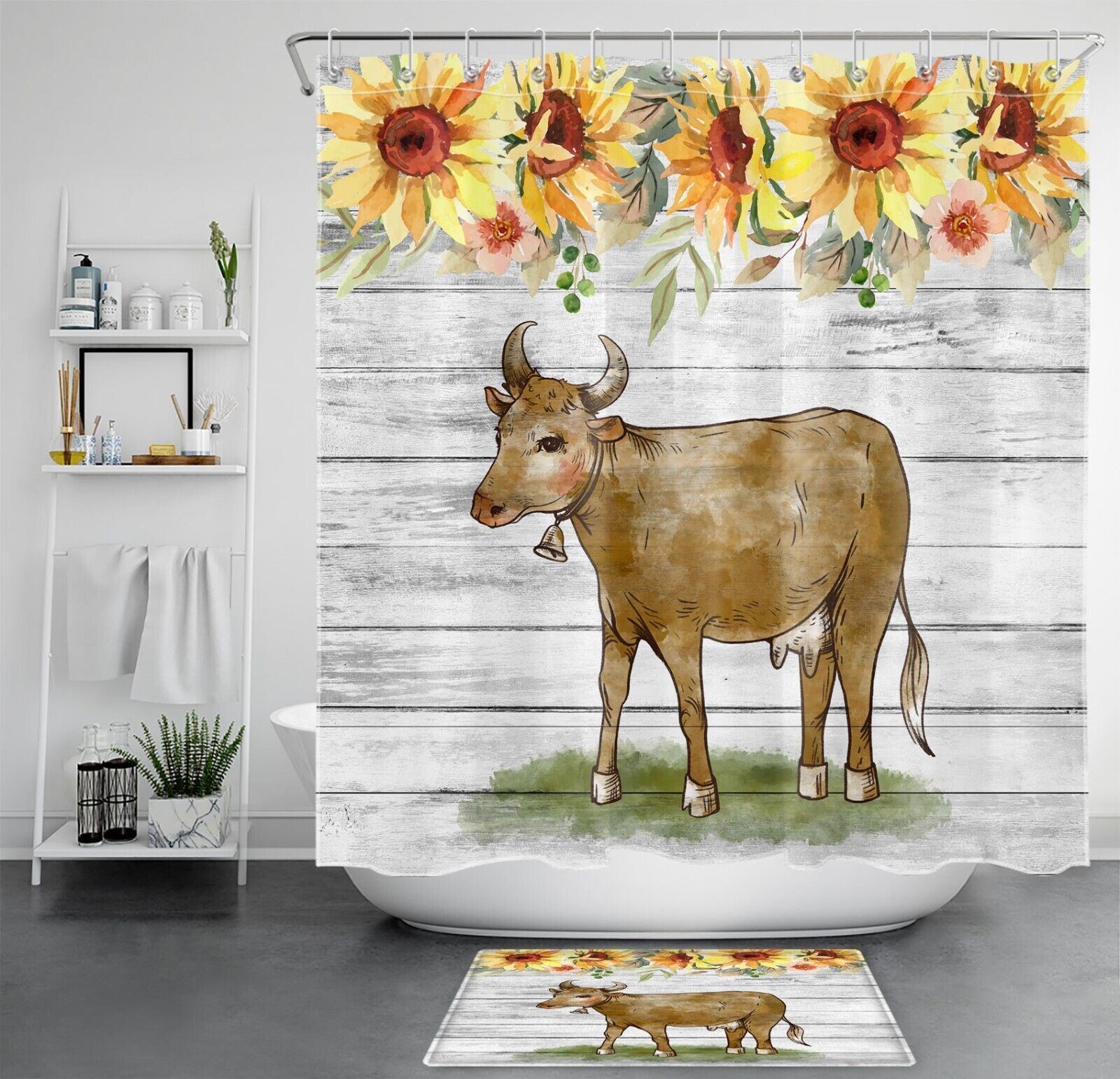 Rustic Sunflower Funny Cow Bathroom Decor Shower Curtain