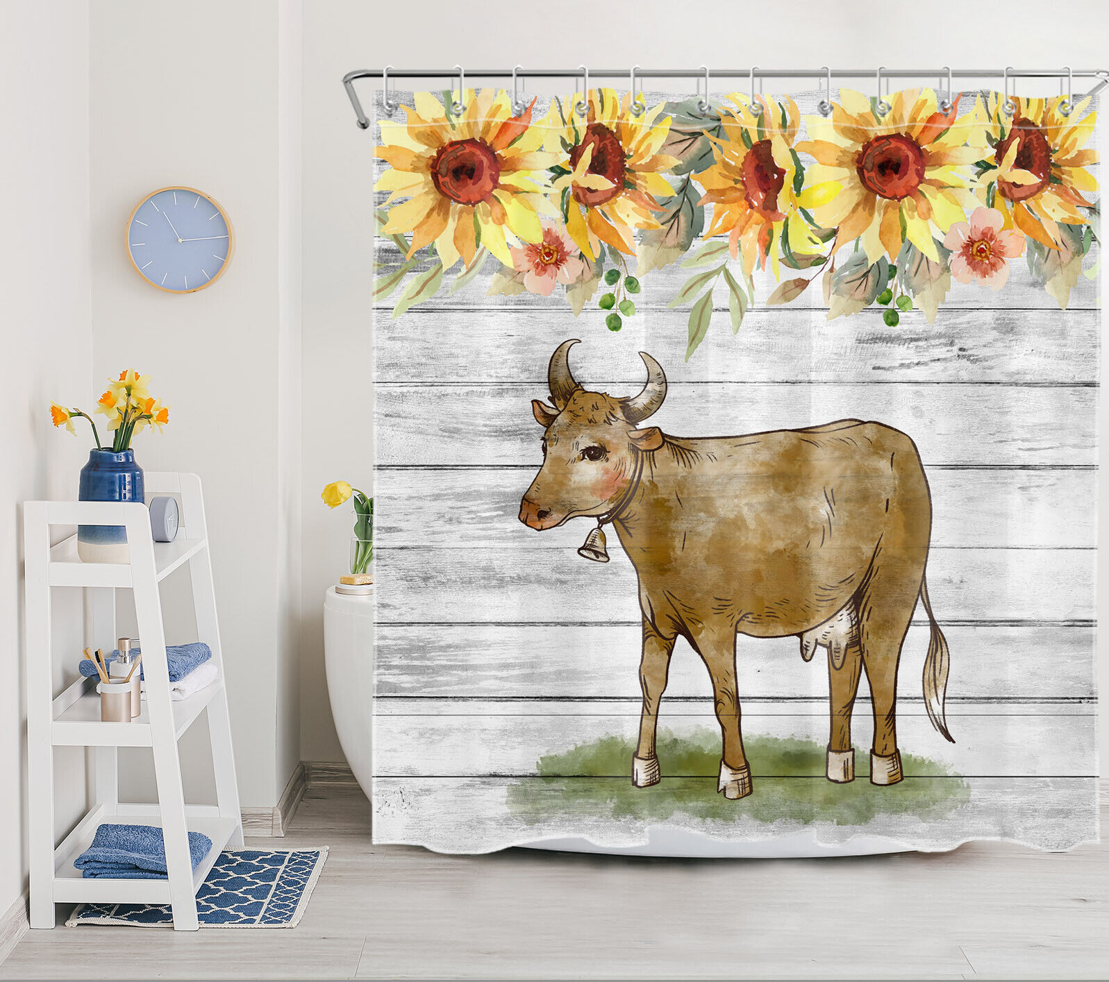 Rustic Sunflower Funny Cow Bathroom Decor Shower Curtain