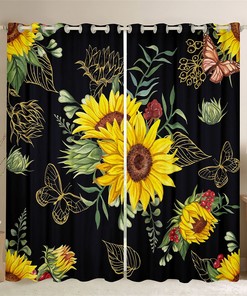 Rustic Sunflower Window Drapes and Golden Leaves Butterfly Print Curtain Set for Farmhouse Bathroom