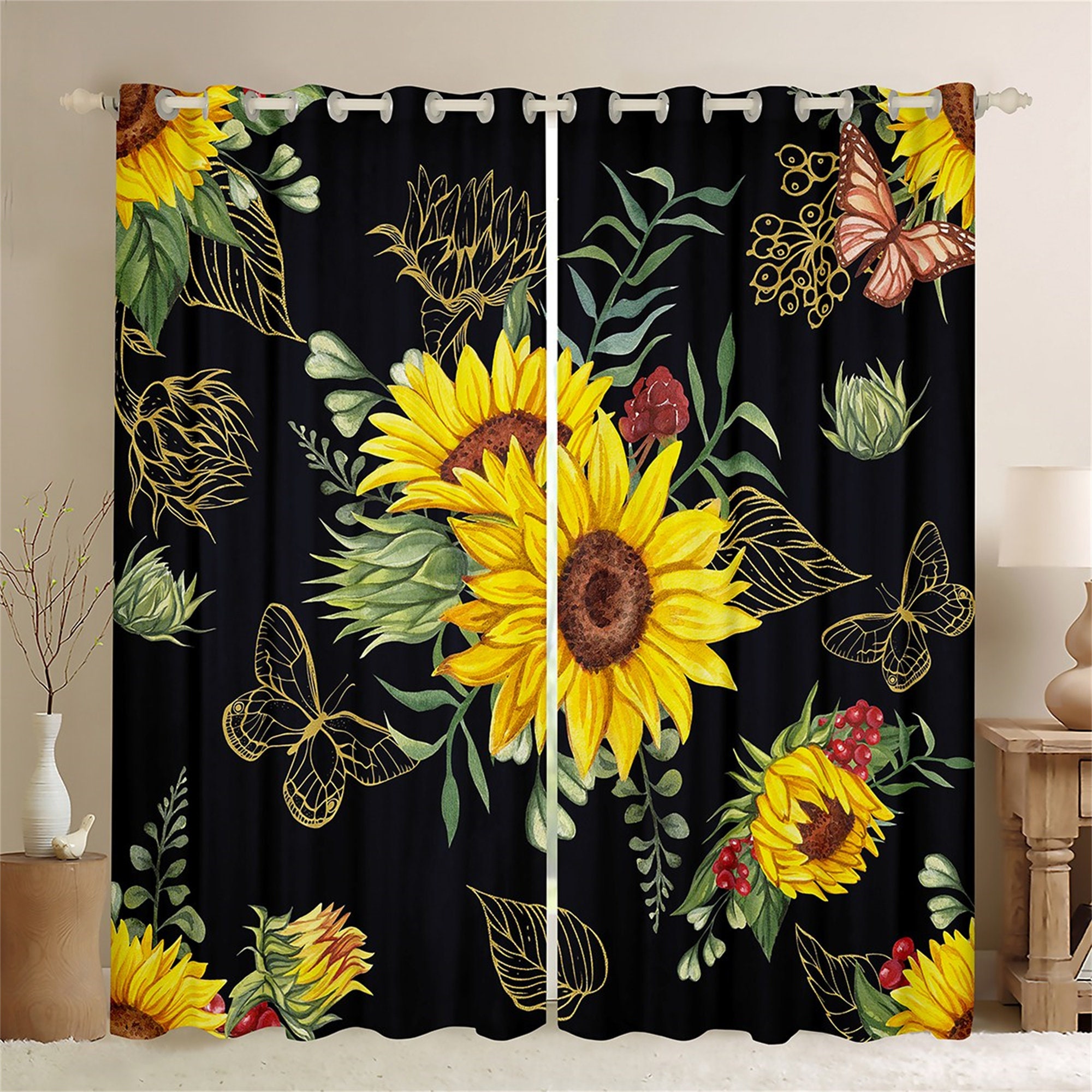 Rustic Sunflower Window Drapes and Golden Leaves Butterfly Print Curtain Set for Farmhouse Bathroom
