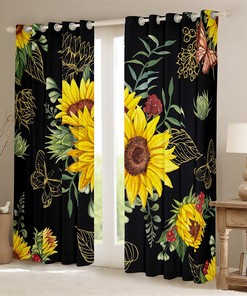 Rustic Sunflower Window Drapes and Golden Leaves Butterfly Print Curtain Set for Farmhouse Bathroom