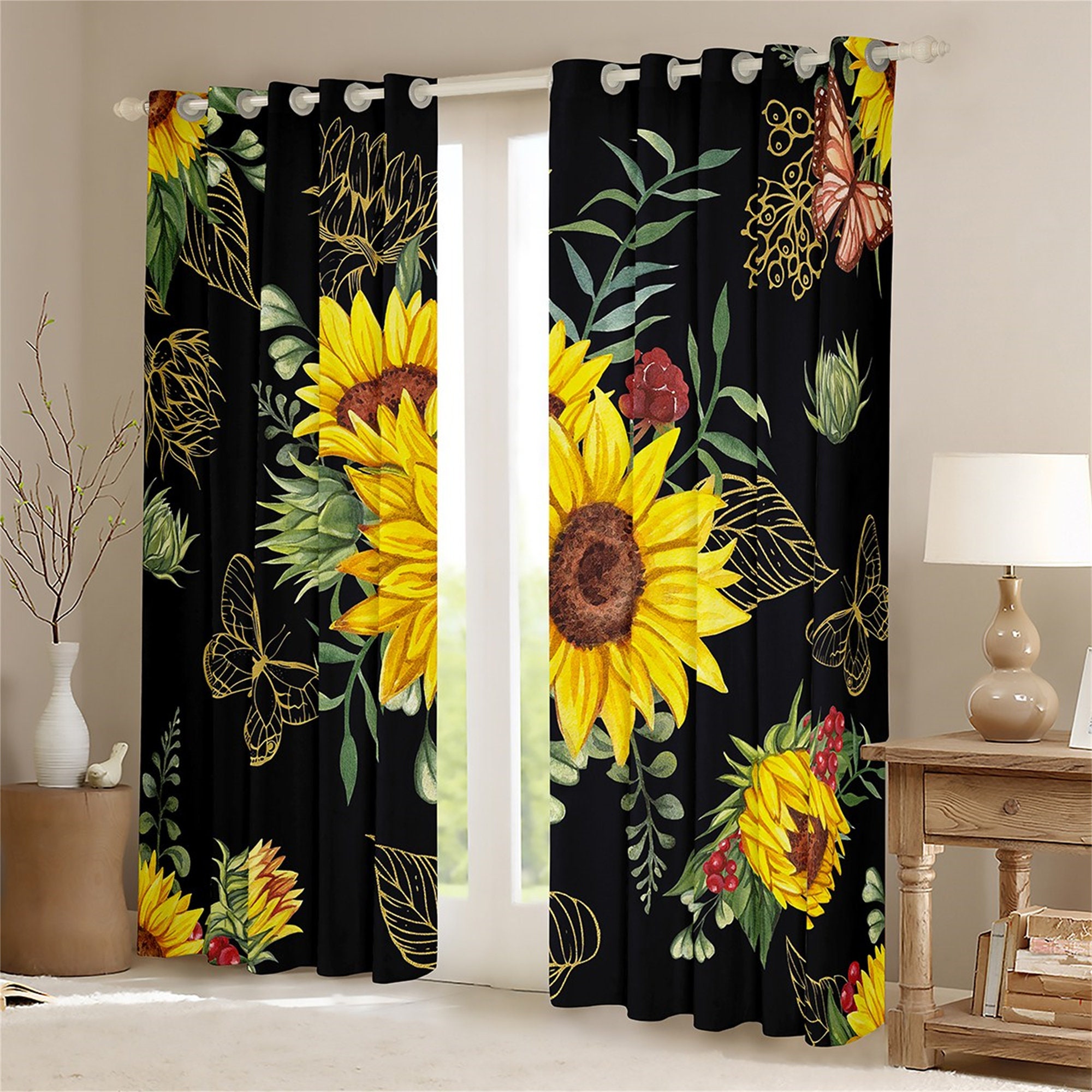 Rustic Sunflower Window Drapes and Golden Leaves Butterfly Print Curtain Set for Farmhouse Bathroom