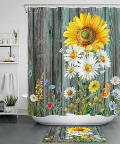 Rustic Sunflower and Daisy Farmhouse Shower Curtain for Bathroom Decor