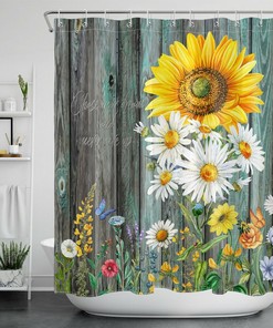 Rustic Sunflower and Daisy Farmhouse Shower Curtain for Bathroom Decor