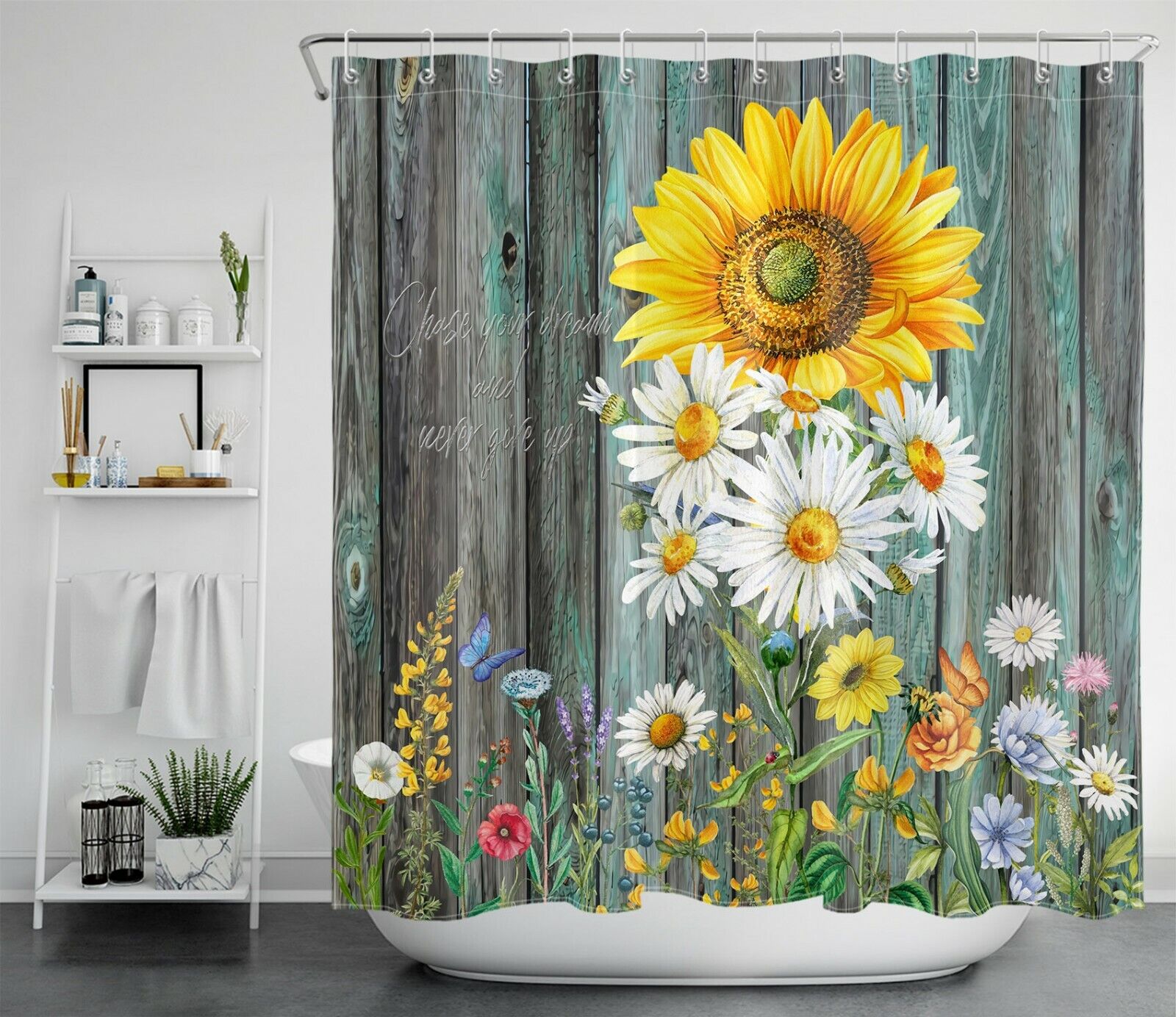 Rustic Sunflower and Daisy Farmhouse Shower Curtain for Bathroom Decor