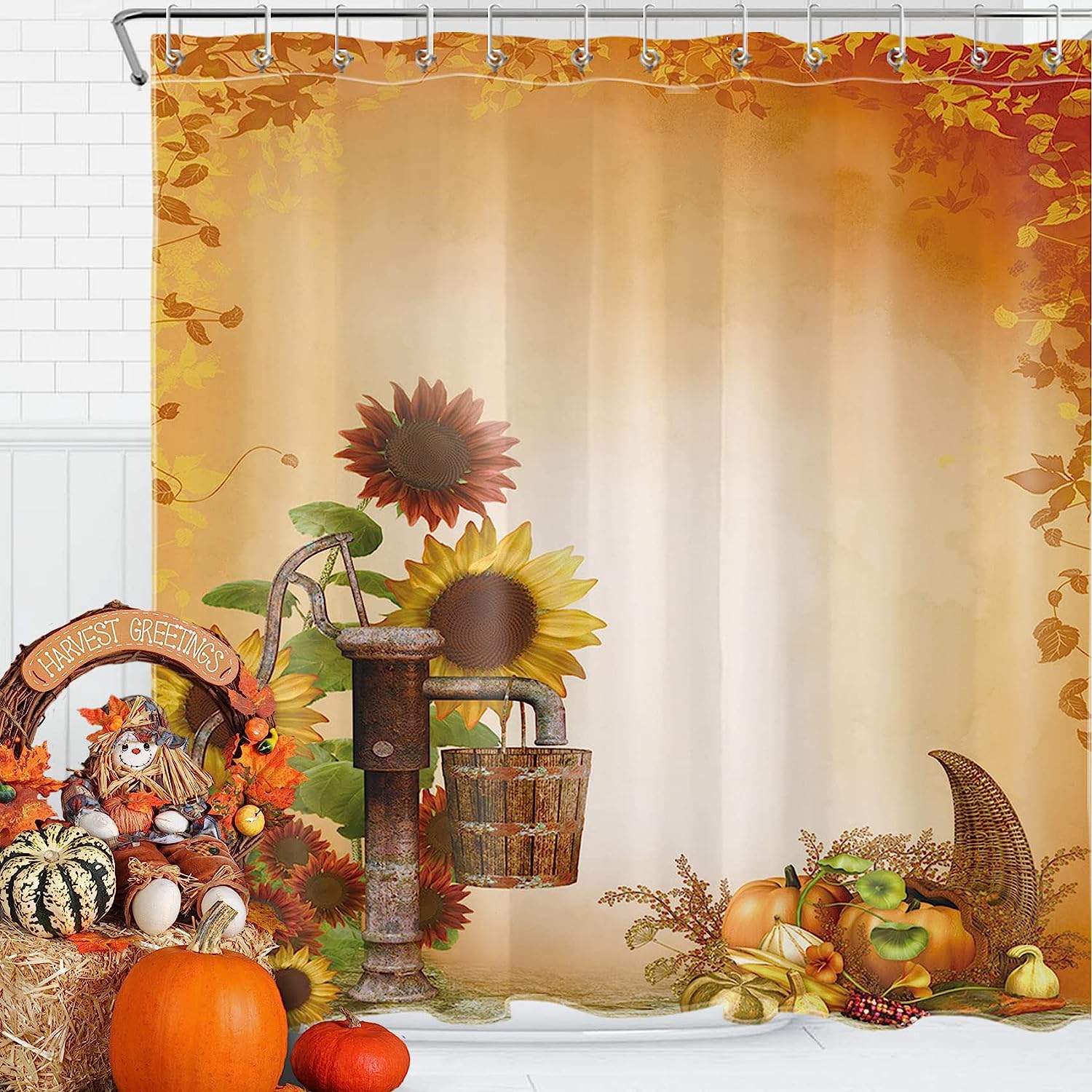 Rustic Sunflower and Fall Pumpkin Thanksgiving Shower Curtain for Bathroom