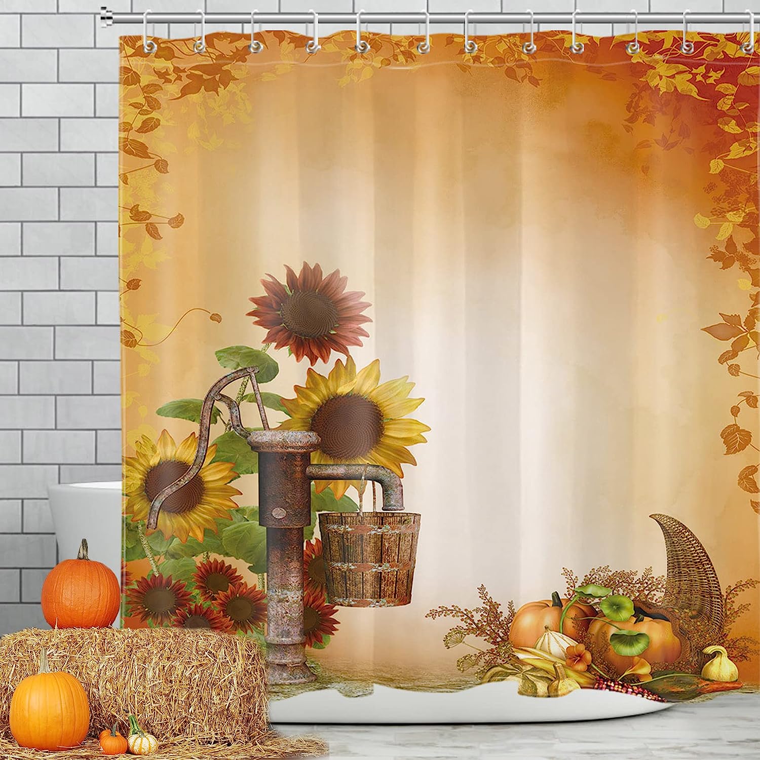Rustic Sunflower and Fall Pumpkin Thanksgiving Shower Curtain for Bathroom
