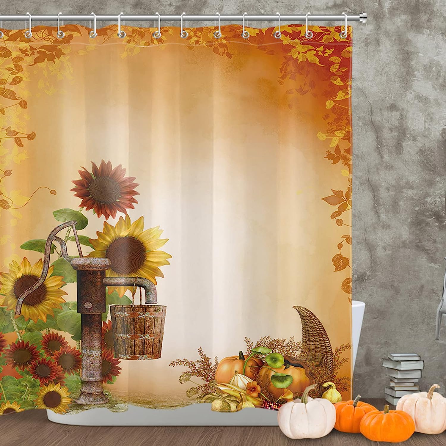 Rustic Sunflower and Fall Pumpkin Thanksgiving Shower Curtain for Bathroom
