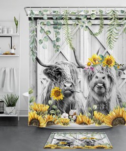 Rustic Sunflower and Highland Cow Shower Curtain for Farmhouse Bathroom Decor