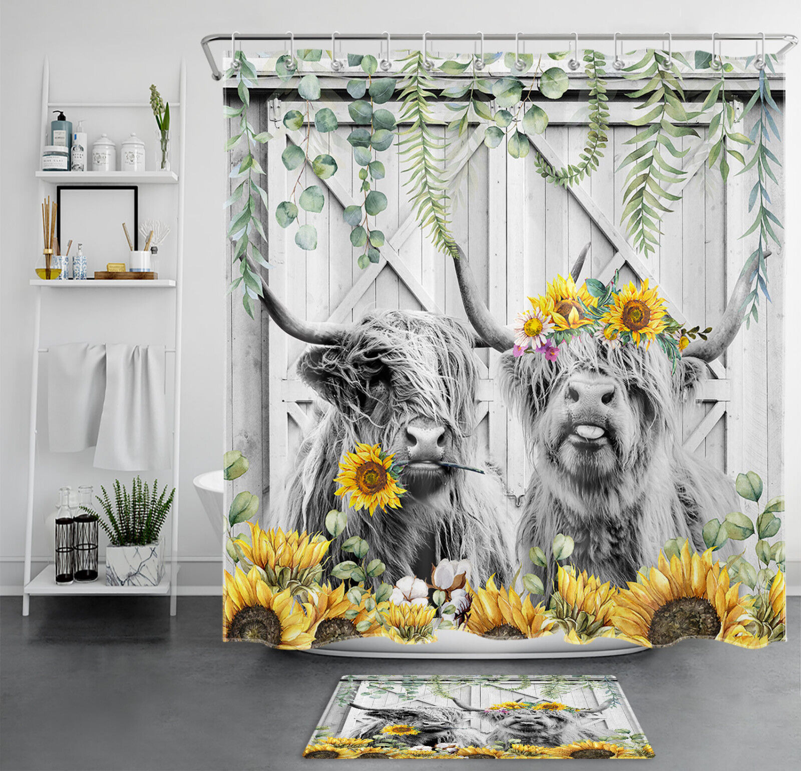 Rustic Sunflower and Highland Cow Shower Curtain for Farmhouse Bathroom Decor