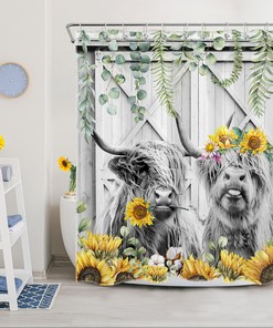 Rustic Sunflower and Highland Cow Shower Curtain for Farmhouse Bathroom Decor