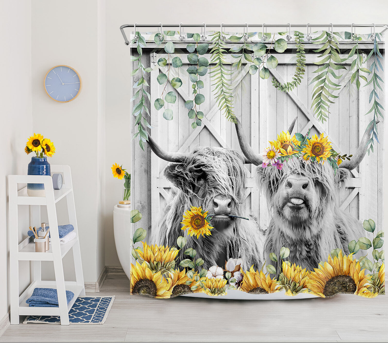 Rustic Sunflower and Highland Cow Shower Curtain for Farmhouse Bathroom Decor