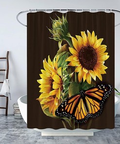 Rustic Sunflowers and Gold Butterfly on Black Background Shower Curtain with Wild Floral Nature Scene
