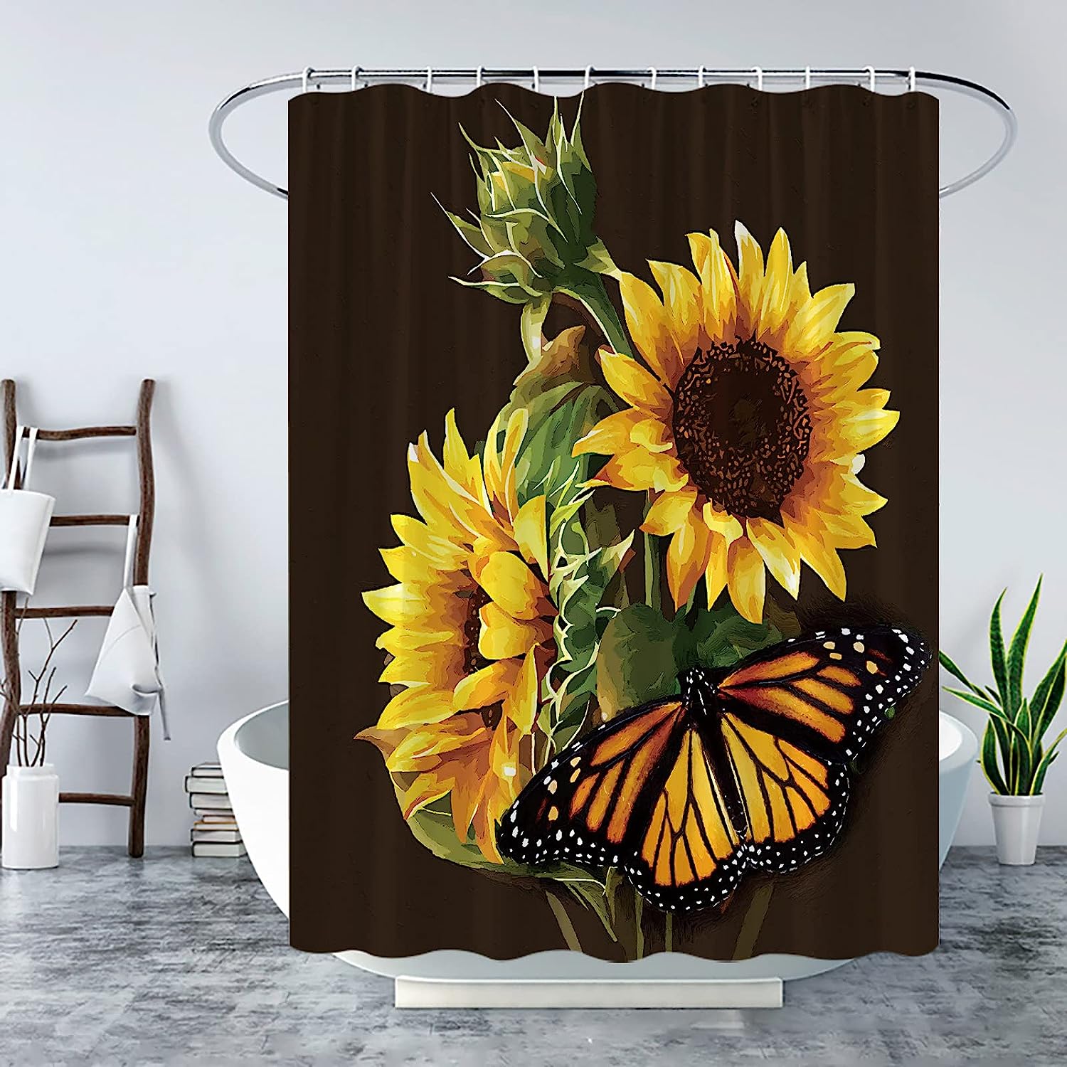 Rustic Sunflowers and Gold Butterfly on Black Background Shower Curtain with Wild Floral Nature Scene