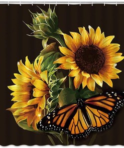 Rustic Sunflowers and Gold Butterfly on Black Background Shower Curtain with Wild Floral Nature Scene