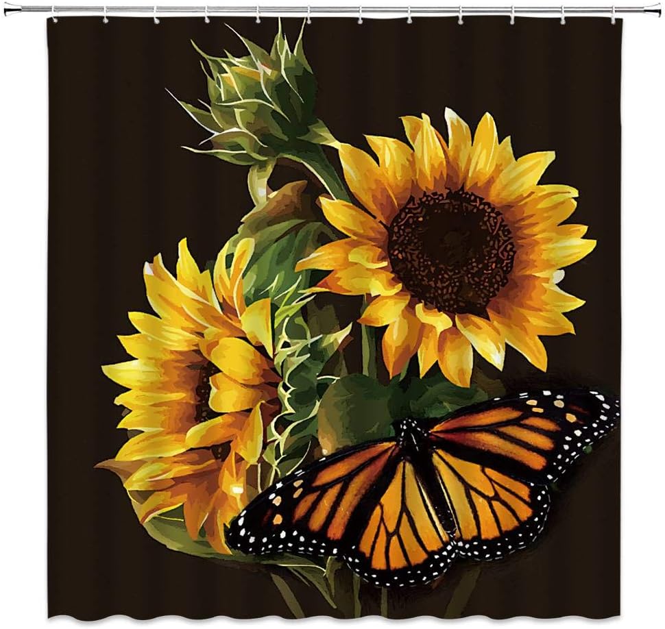 Rustic Sunflowers and Gold Butterfly on Black Background Shower Curtain with Wild Floral Nature Scene