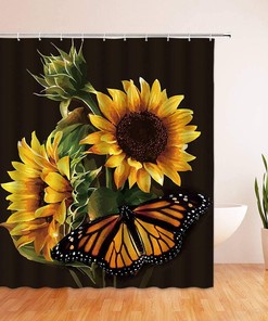 Rustic Sunflowers and Gold Butterfly on Black Background Shower Curtain with Wild Floral Nature Scene