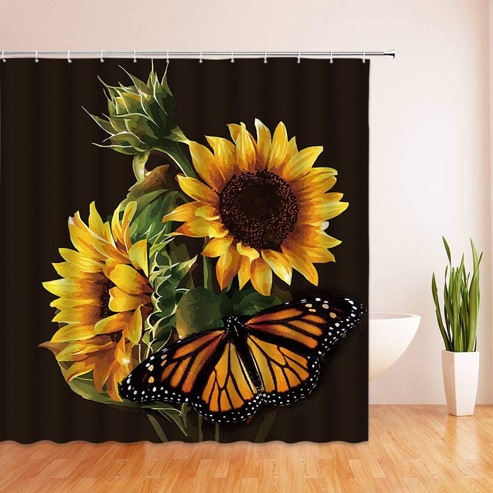 Rustic Sunflowers and Gold Butterfly on Black Background Shower Curtain with Wild Floral Nature Scene