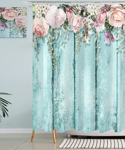 Rustic Teal Blue Wood Pink Flowers Shower Curtain for Shabby Chic Bathroom Decor