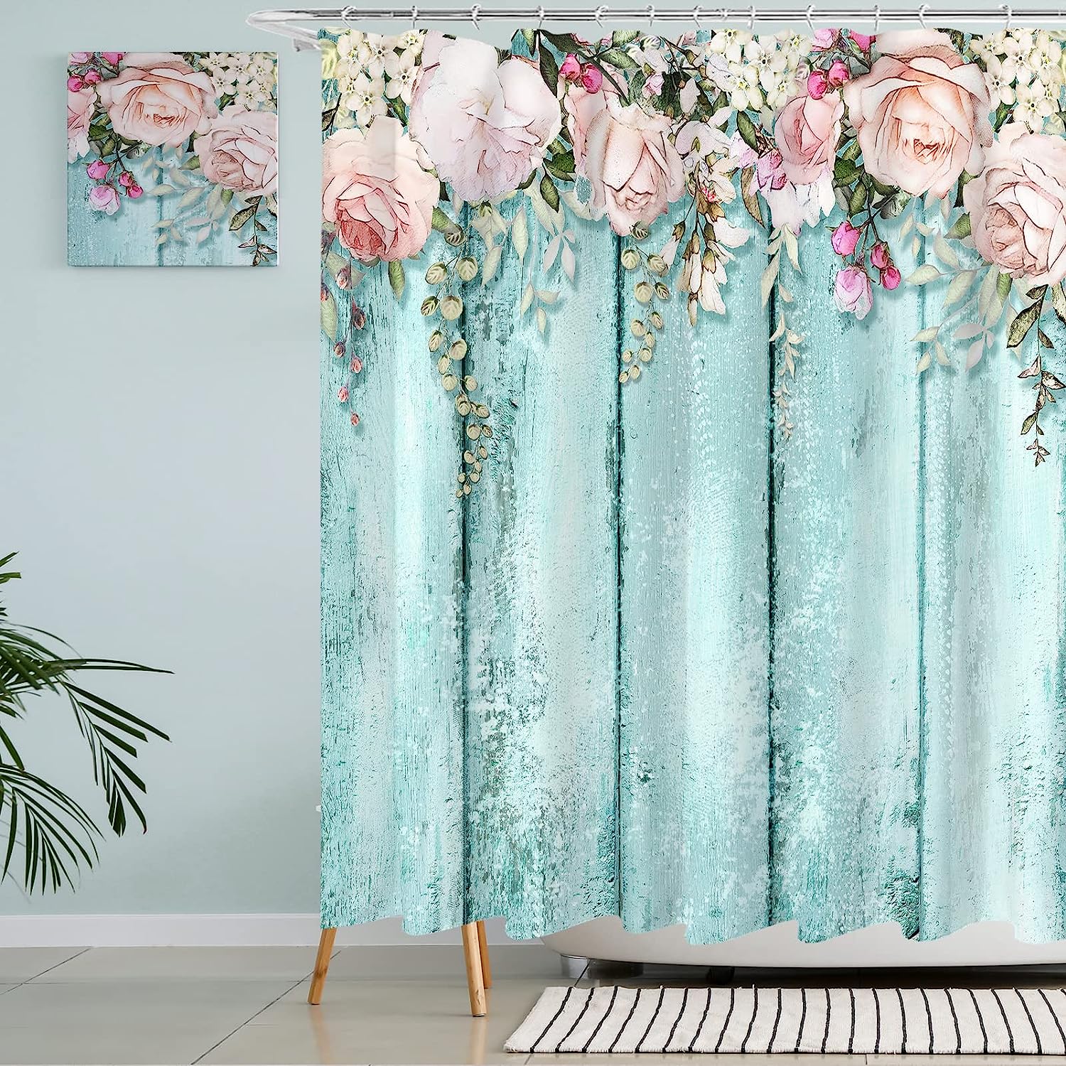 Rustic Teal Blue Wood Pink Flowers Shower Curtain for Shabby Chic Bathroom Decor