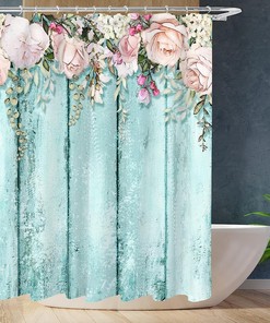 Rustic Teal Blue Wood Pink Flowers Shower Curtain for Shabby Chic Bathroom Decor