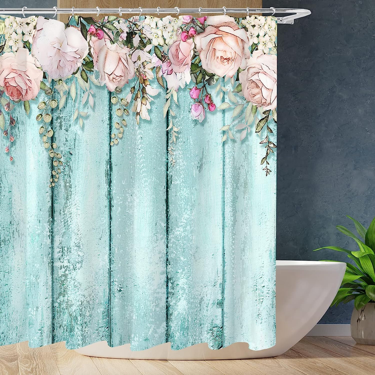 Rustic Teal Blue Wood Pink Flowers Shower Curtain for Shabby Chic Bathroom Decor