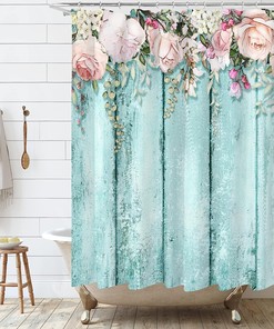 Rustic Teal Blue Wood Pink Flowers Shower Curtain for Shabby Chic Bathroom Decor