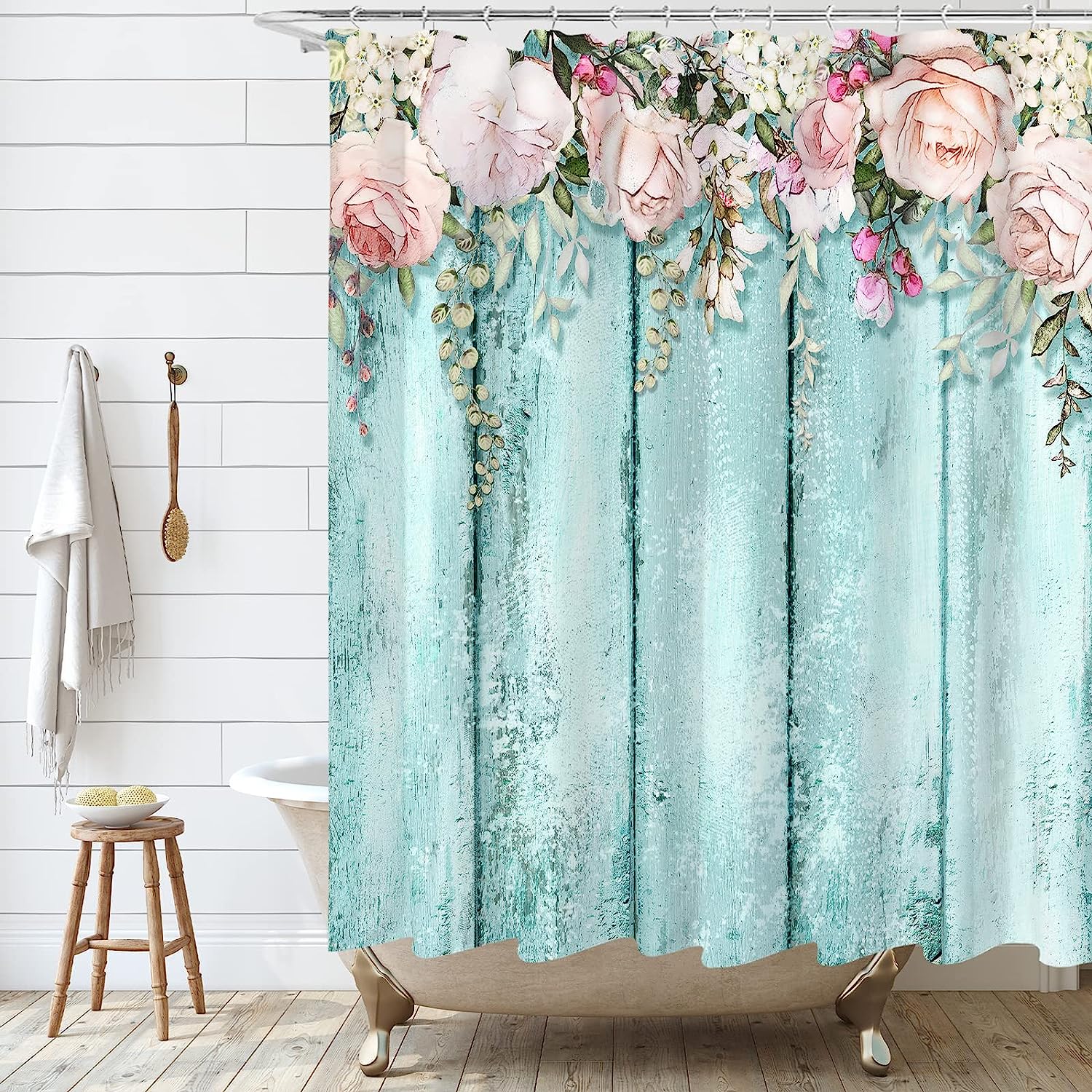 Rustic Teal Blue Wood Pink Flowers Shower Curtain for Shabby Chic Bathroom Decor