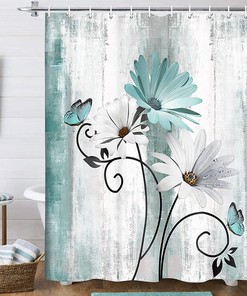 Rustic Teal Daisy Print Shower Curtain, Country Wooden Farmhouse Bathroom Decor by VeiVian