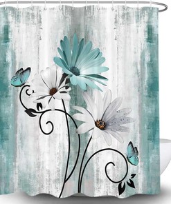 Rustic Teal Daisy Print Shower Curtain, Country Wooden Farmhouse Bathroom Decor by VeiVian