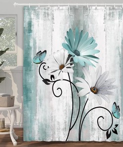 Rustic Teal Daisy Print Shower Curtain, Country Wooden Farmhouse Bathroom Decor by VeiVian