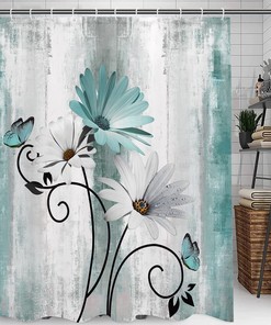 Rustic Teal Daisy Print Shower Curtain, Country Wooden Farmhouse Bathroom Decor by VeiVian