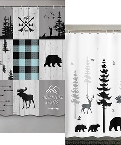 Rustic Teal Plaid and White Moose Deer Tree Art Shower Curtains Bundle