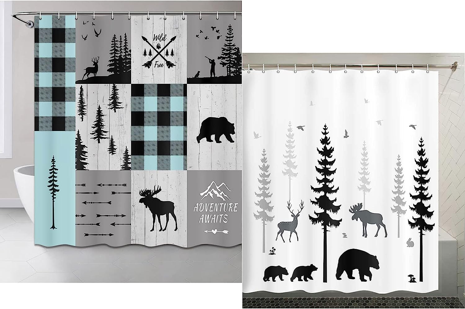 Rustic Teal Plaid and White Moose Deer Tree Art Shower Curtains Bundle