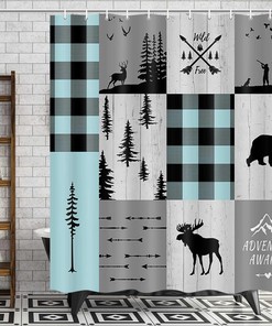 Rustic Teal Plaid and White Moose Deer Tree Art Shower Curtains Bundle