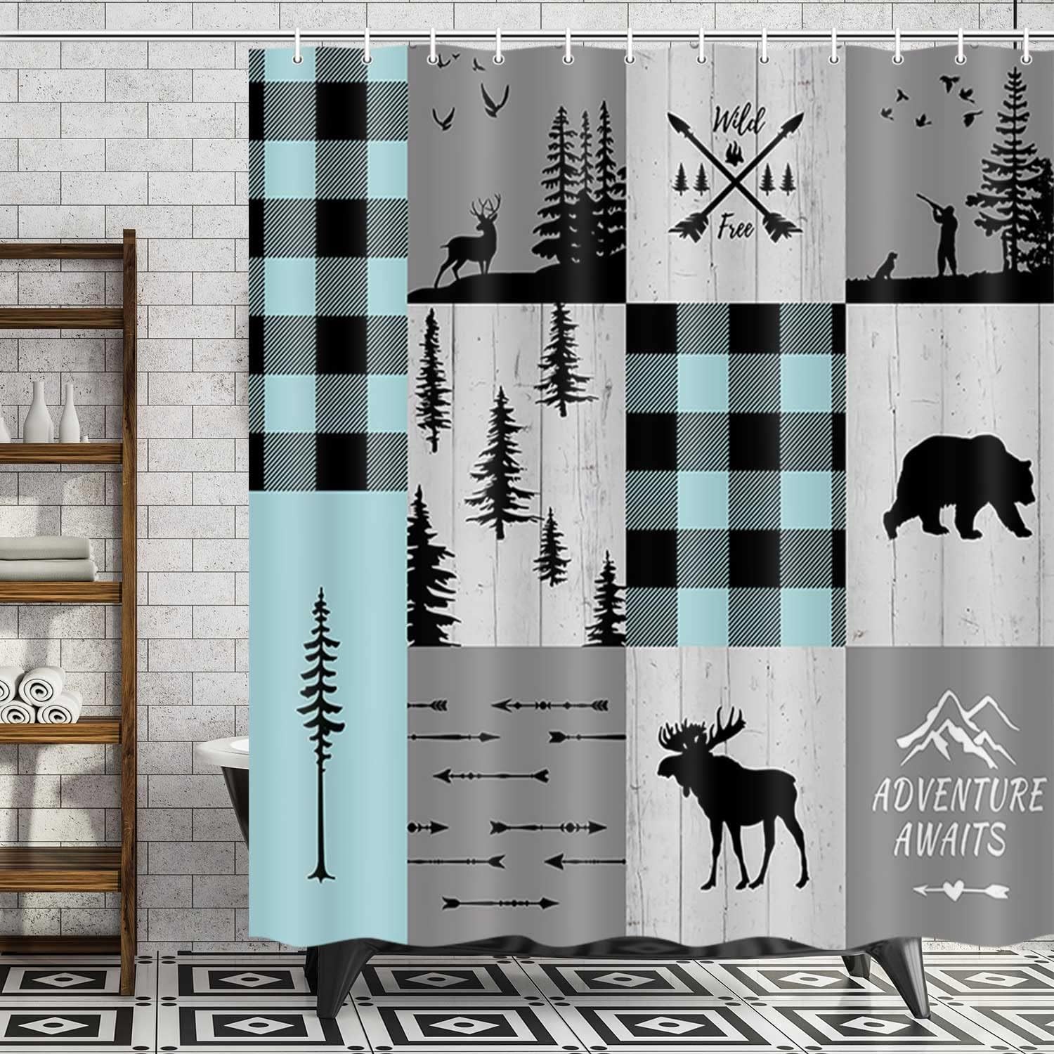 Rustic Teal Plaid and White Moose Deer Tree Art Shower Curtains Bundle