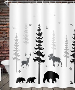Rustic Teal Plaid and White Moose Deer Tree Art Shower Curtains Bundle
