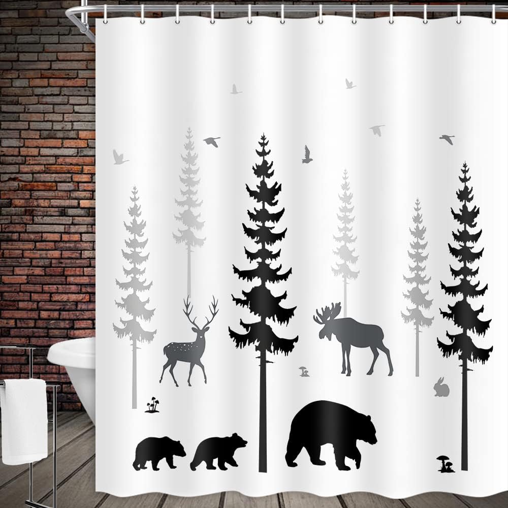 Rustic Teal Plaid and White Moose Deer Tree Art Shower Curtains Bundle