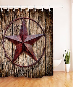 Rustic Texas Star Fabric Shower Curtain with Wooden Boards Design - Retro Bath Accessories for Home