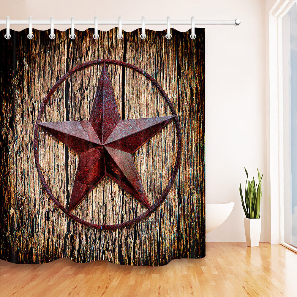 Rustic Texas Star Fabric Shower Curtain with Wooden Boards Design - Retro Bath Accessories for Home