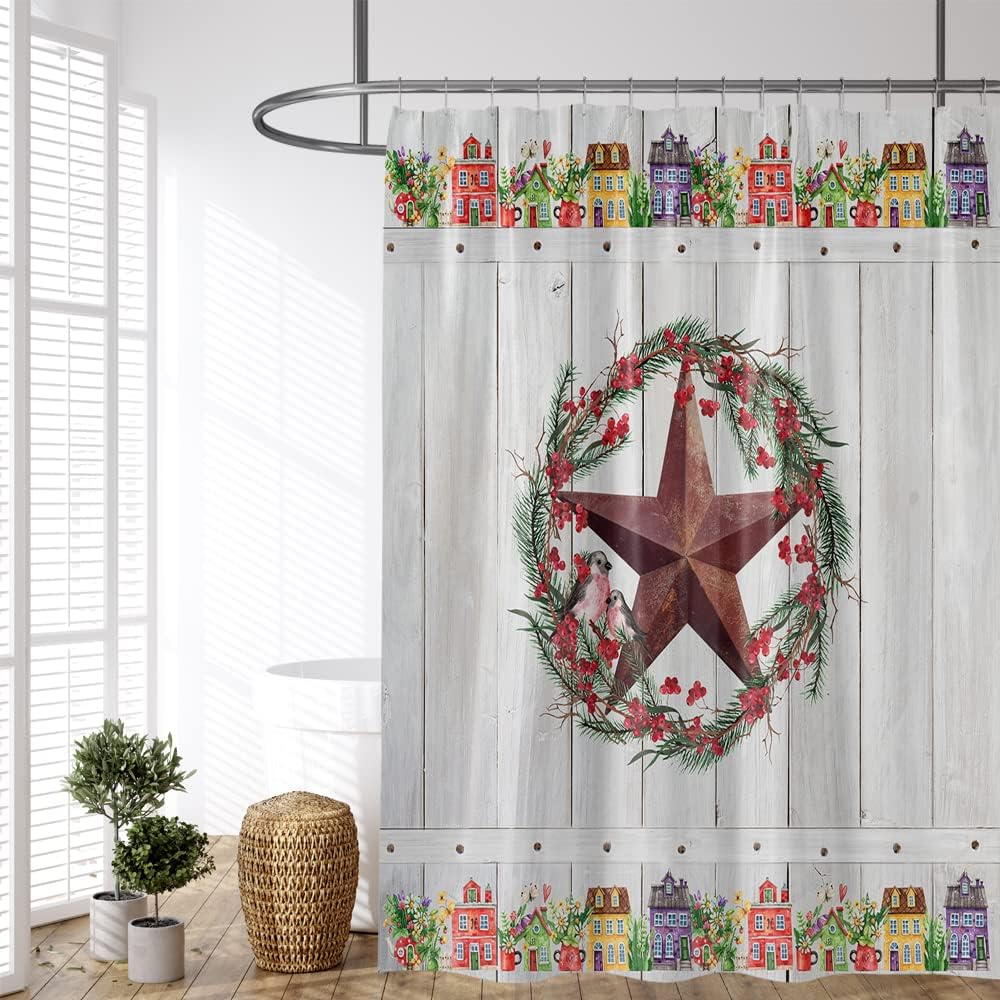 Rustic Texas Star Shower Curtain with Country Farmhouse and Wooden Plank Barn Decor for Primitive Bathroom Design